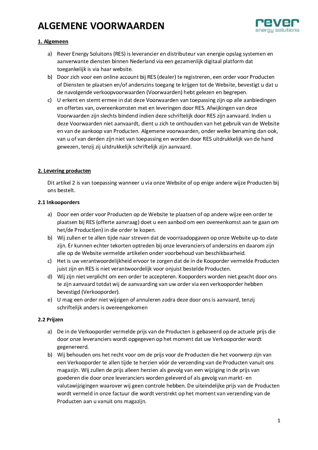 Algemene leveringsvoorwaarden Rever Energy Solutions